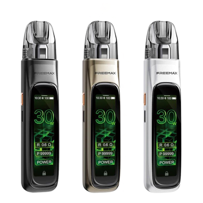 Three Freemax vaping devices with digital displays on a white background