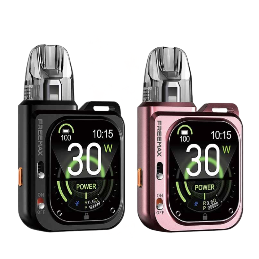 Two Freemax vaping devices, one black and one pink, on a white background.