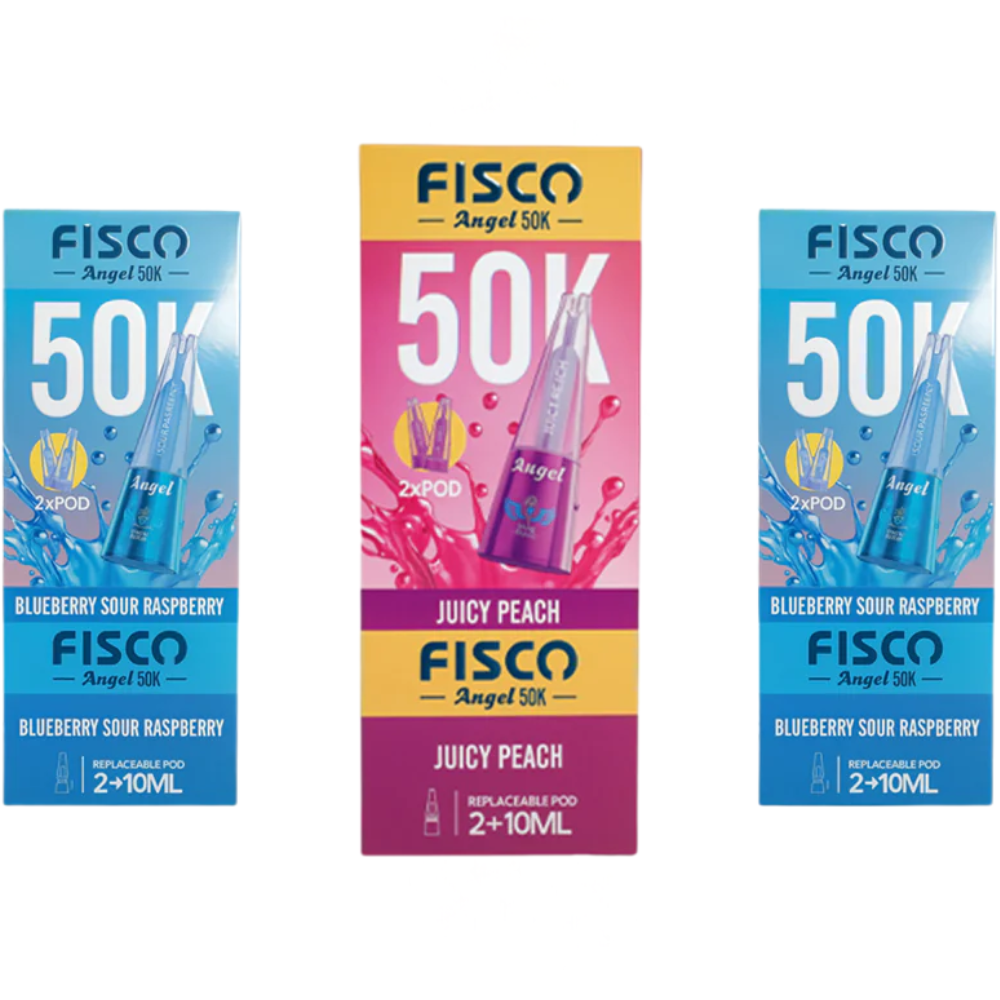 Three Fisco vape pod packages with different flavors on a white background