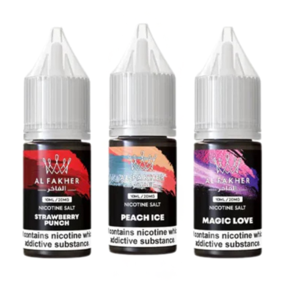 Three bottles of Al Fakher e-liquid with different flavors on a white background