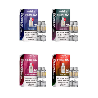 Four boxes of Tick Tock Recharge Magic with different flavors on a white background