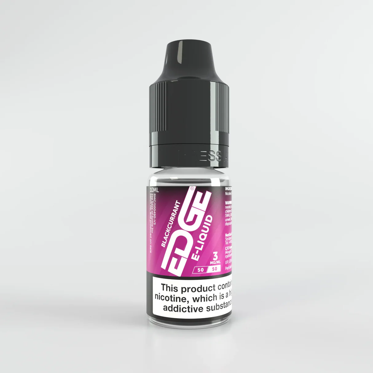 Bottle of Edge 3mg e-liquid with a black cap on a light gray background
