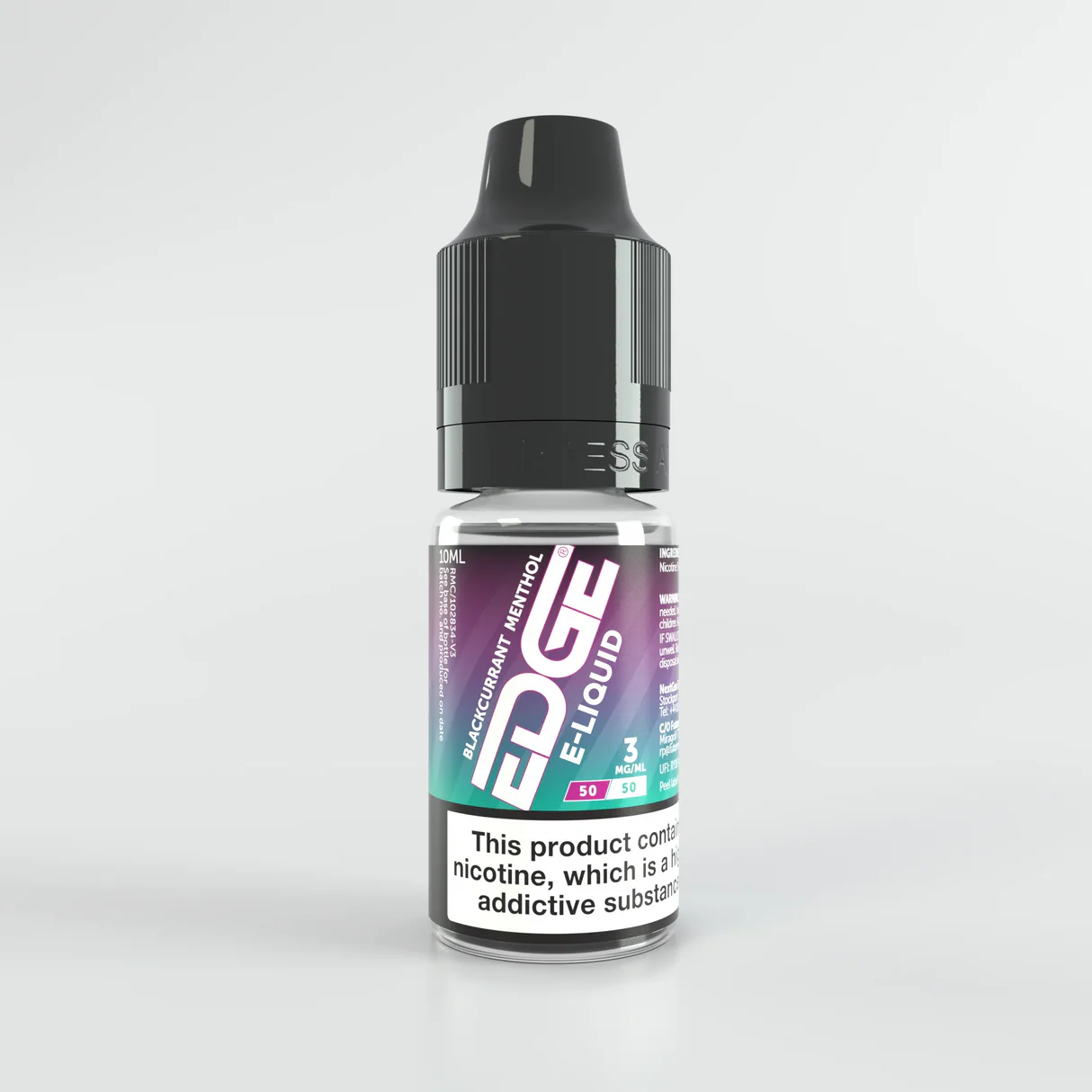 Bottle of EDGE 3mg e-liquid with a black cap on a light gray background