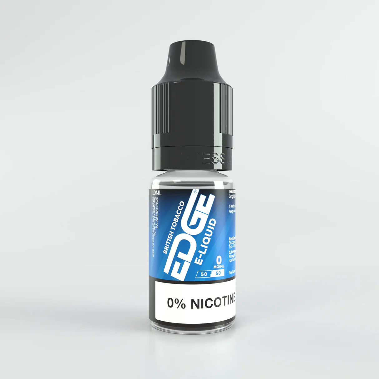 Bottle of EDGE eliquid with blue label on a white background.