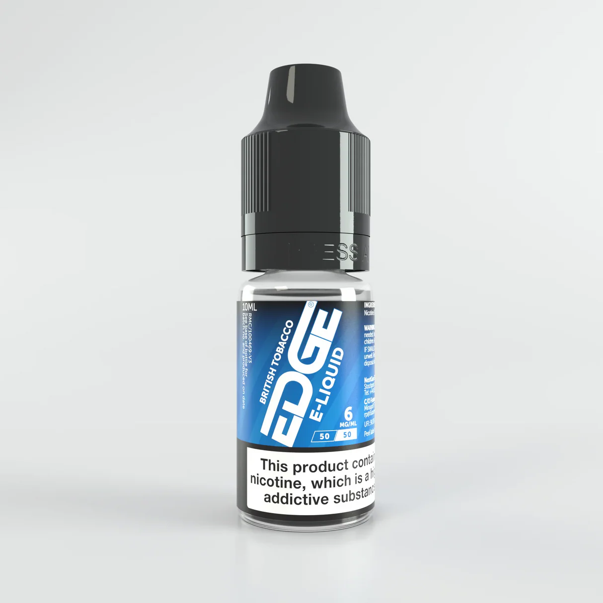 Bottle of EDGE 6mg e-liquid with blue label on a white background