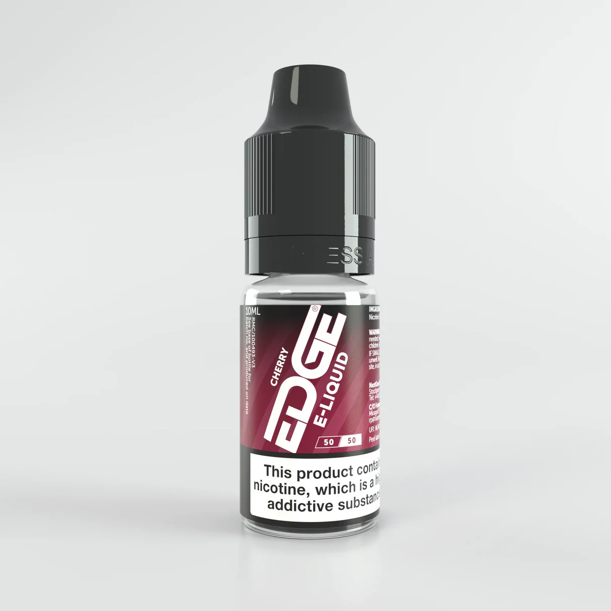 Bottle of EDGE Cherry 5mg E-Liquid on a light gray background