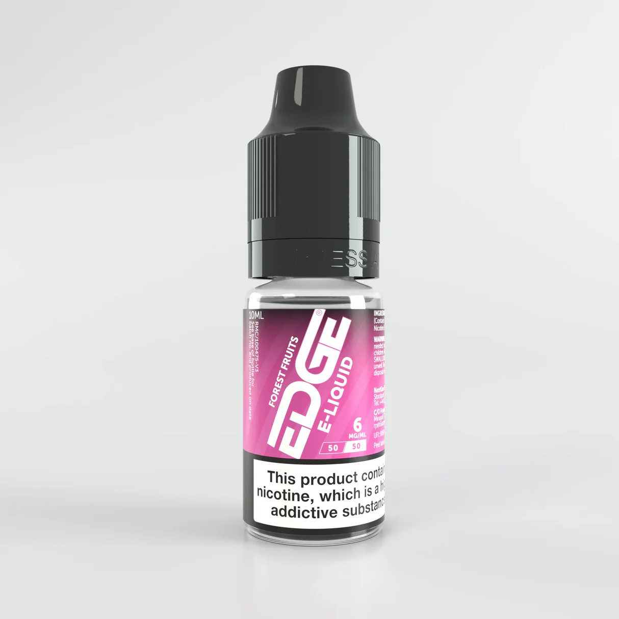 Bottle of EDGE  6mg e-liquid with a pink label on a light gray background