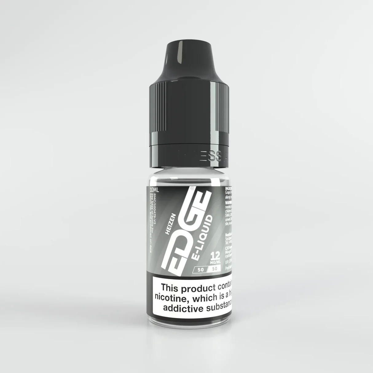 Bottle of Edge  12mg e-liquid with a black cap on a light gray background.