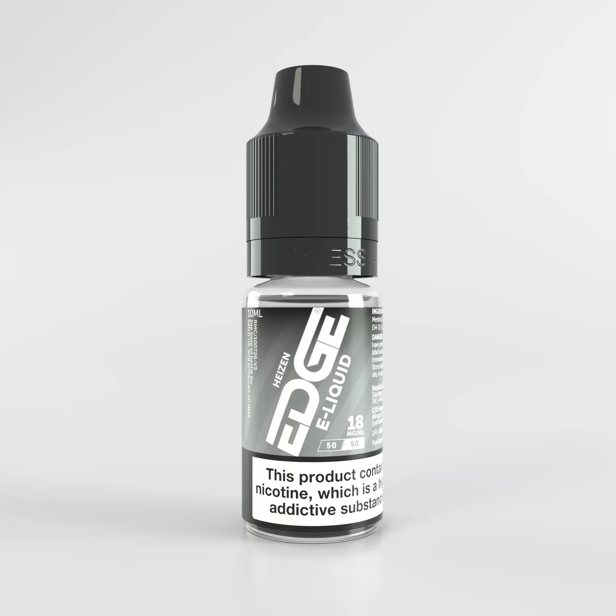 Bottle of EDGE 18mg e-liquid with a black cap on a light gray background.