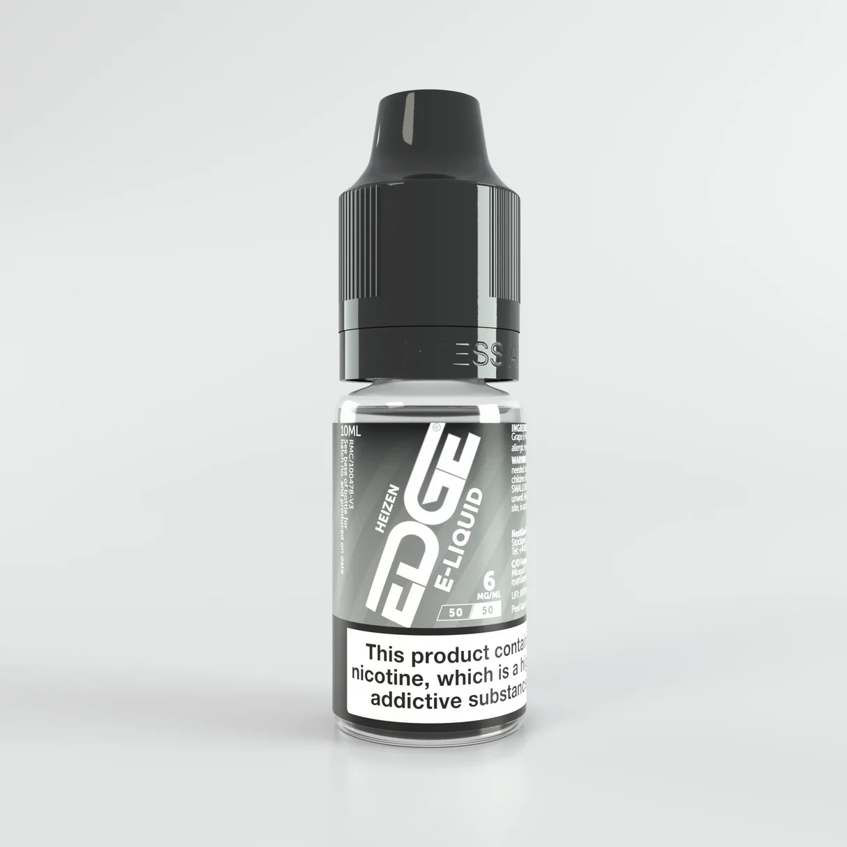 Bottle of EDGE  6mg e-liquid with a black cap on a light gray background