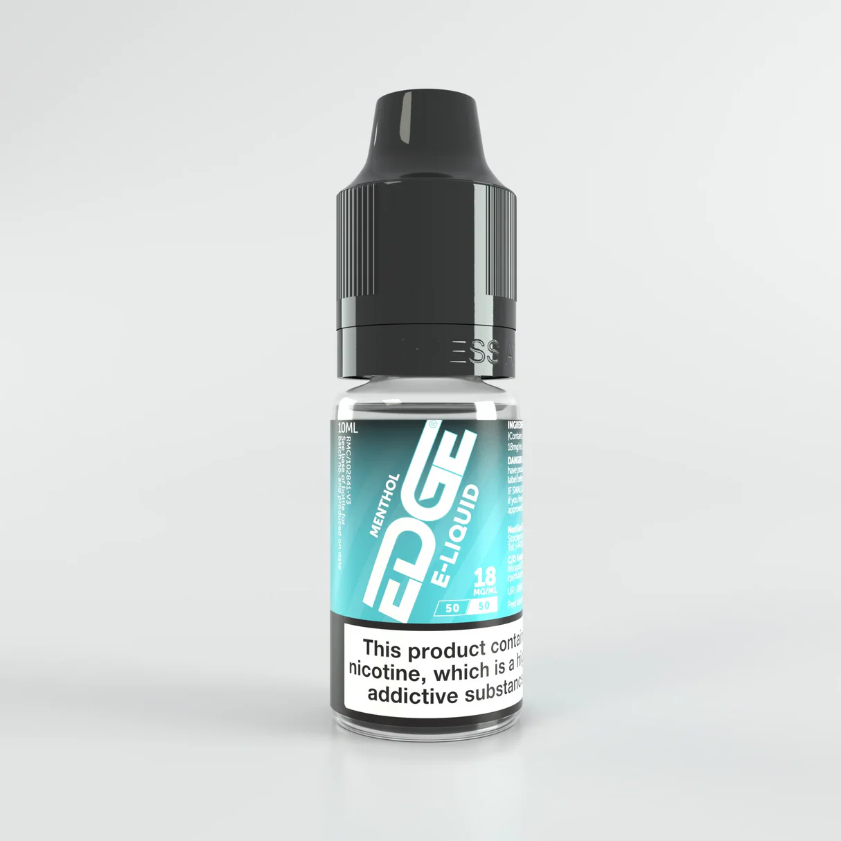 Bottle of EDGE 18mg e-liquid with a black cap on a light gray background