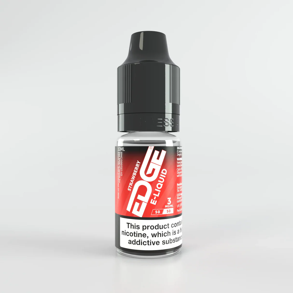Bottle of Edge E-Liquid with red label on a light gray background
