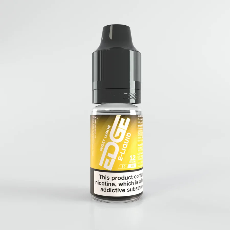 Bottle of Edge 12mg E-Liquid with yellow label on a white background.