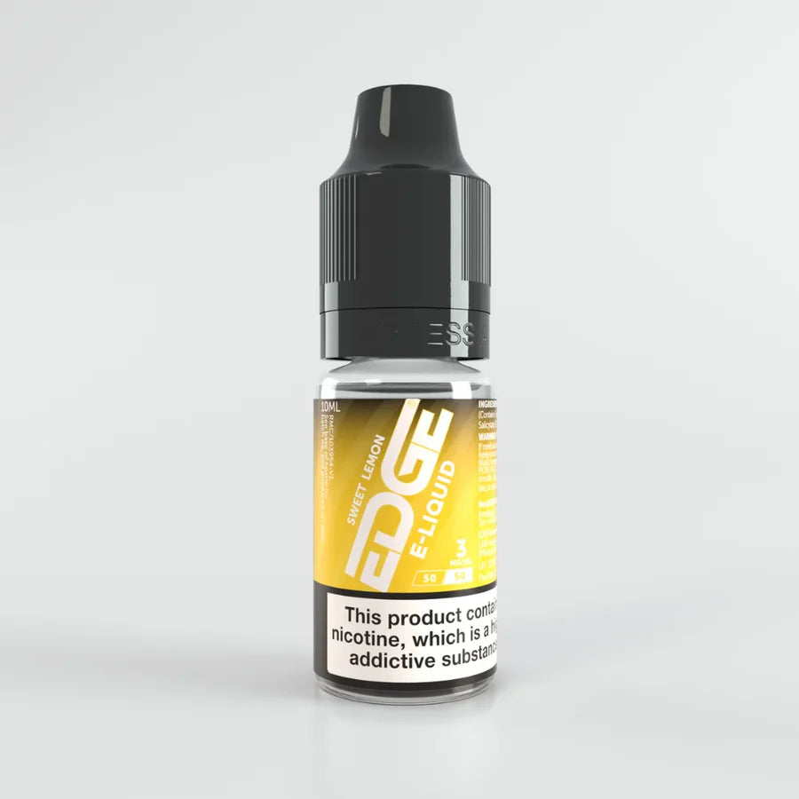 Bottle of Edge E-Liquid with yellow label on a light gray background.