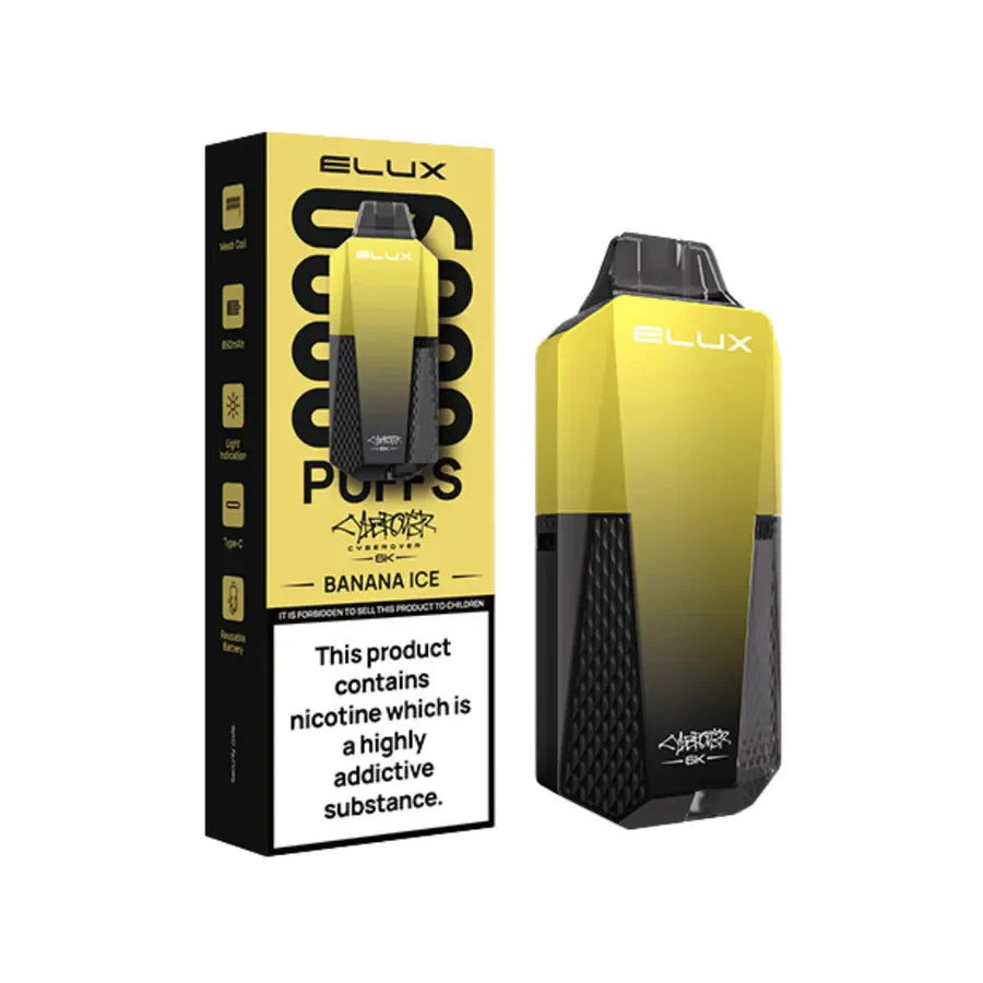 Yellow and black ELUX vape device with packaging on a white background