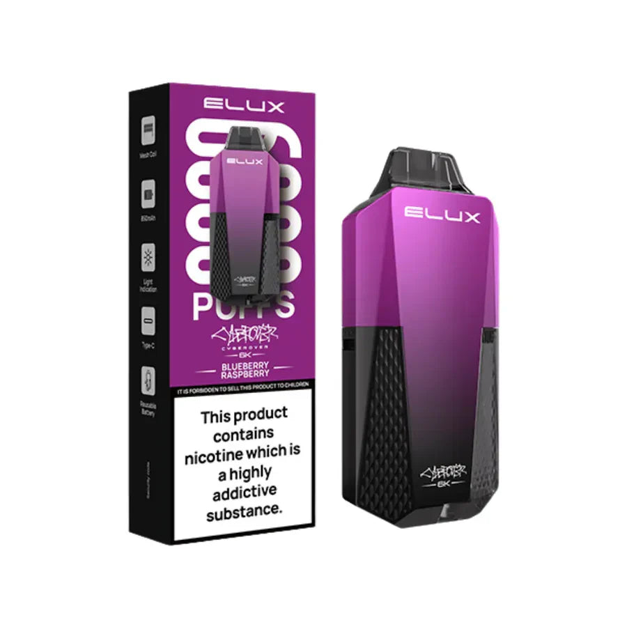 Purple and black ELUX vape device with packaging on a white background