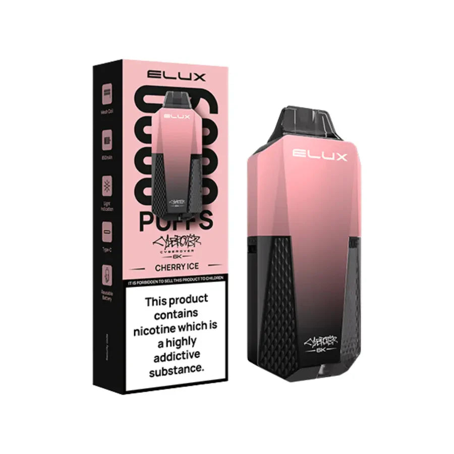 Elux cherry ice vape device and packaging on a white background