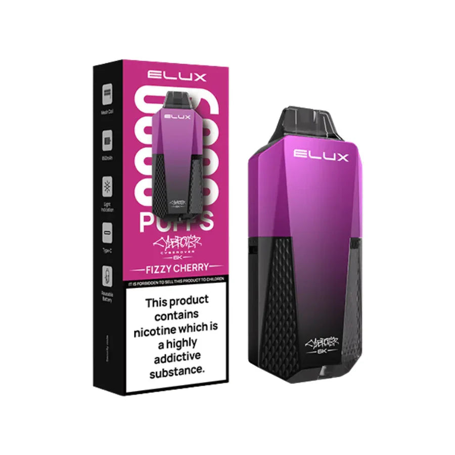 Purple and black ELUX vape device with packaging on a white background