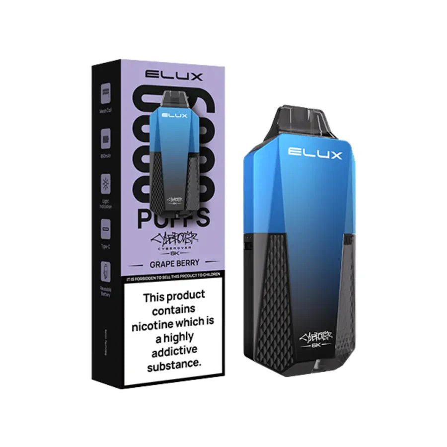 Blue and black ELUX vaping device with packaging on a white background