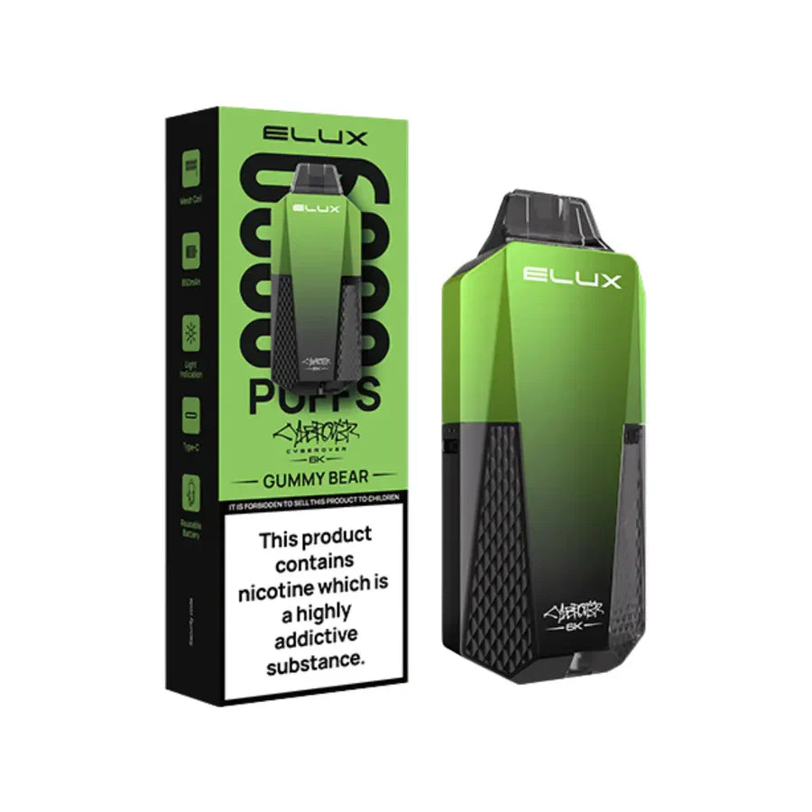 Green and black ELUX vape device with packaging on a white background