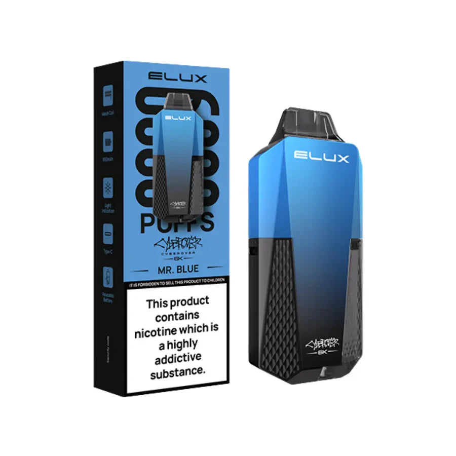 Blue Elux vape device and packaging on a white background