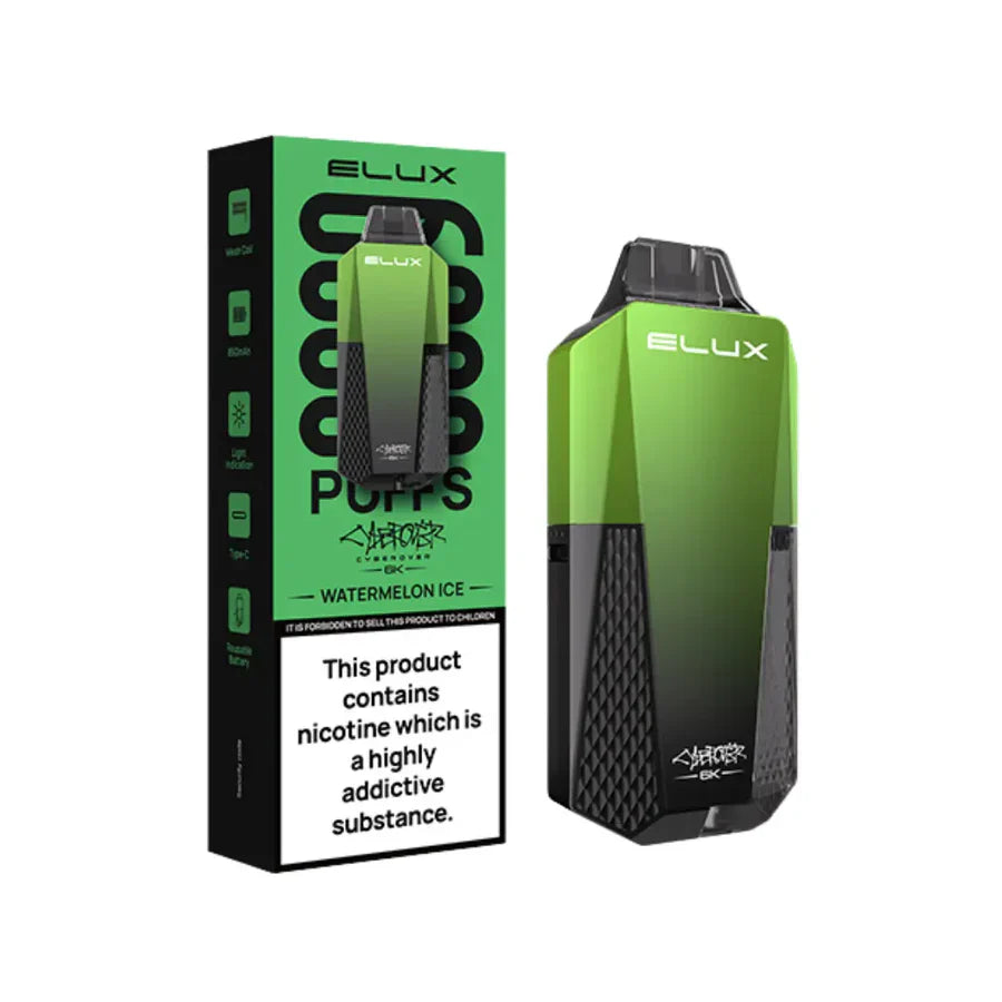 Green and black vape device with packaging on a white background