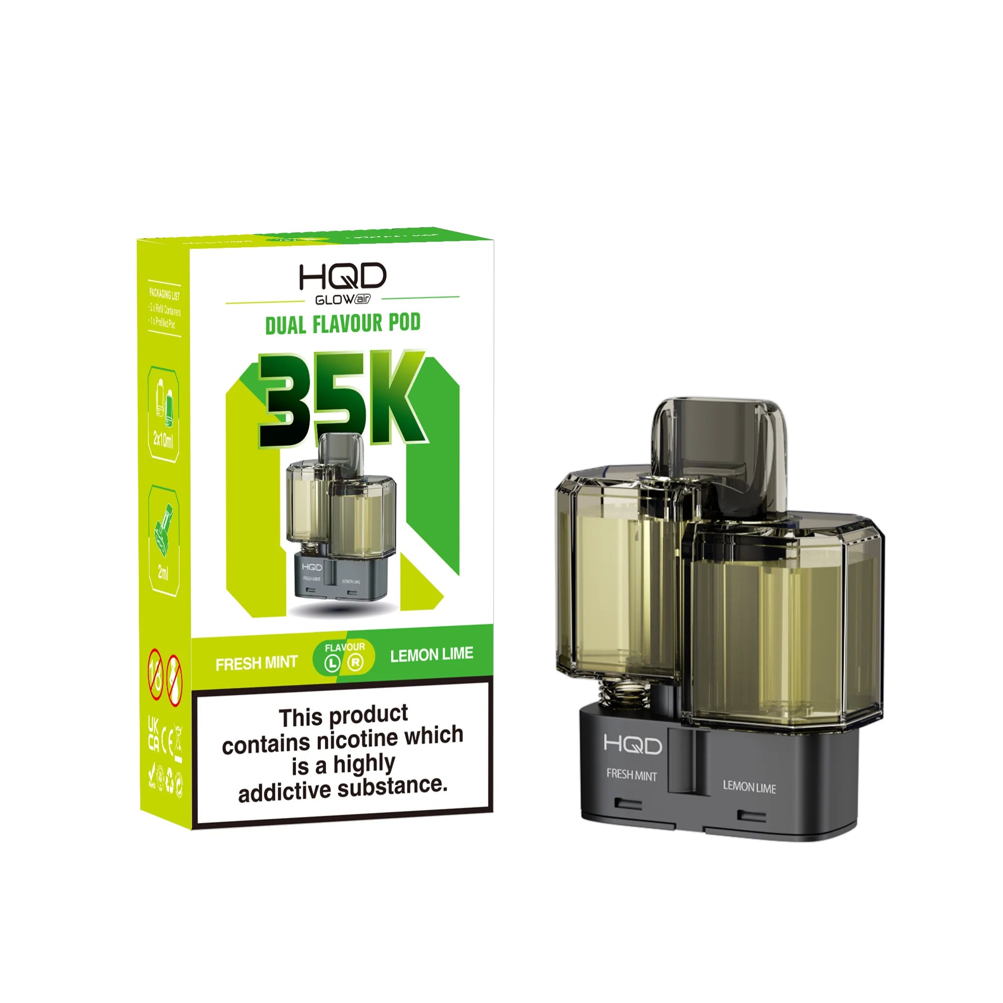 HQD vape pod packaging with nicotine warning on a white background