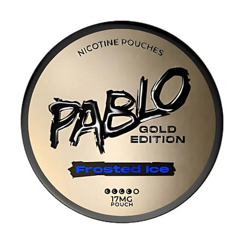 Pablo Gold Edition Frosted Ice in a round tin, offering an intense icy menthol flavour with 17mg nicotine strength in a clean, tobacco-free pouch.