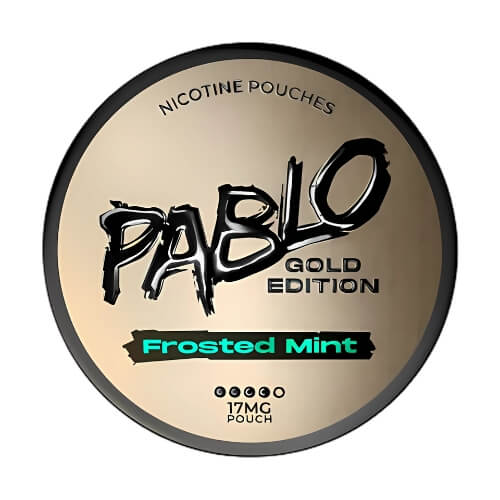 Pablo Gold Edition Frosted Mint in a round can, delivering a crisp mint flavour with a frosty finish and 17mg nicotine strength in a tobacco-free pouch.