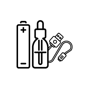 Black vape, bottle, and cable icon on grey