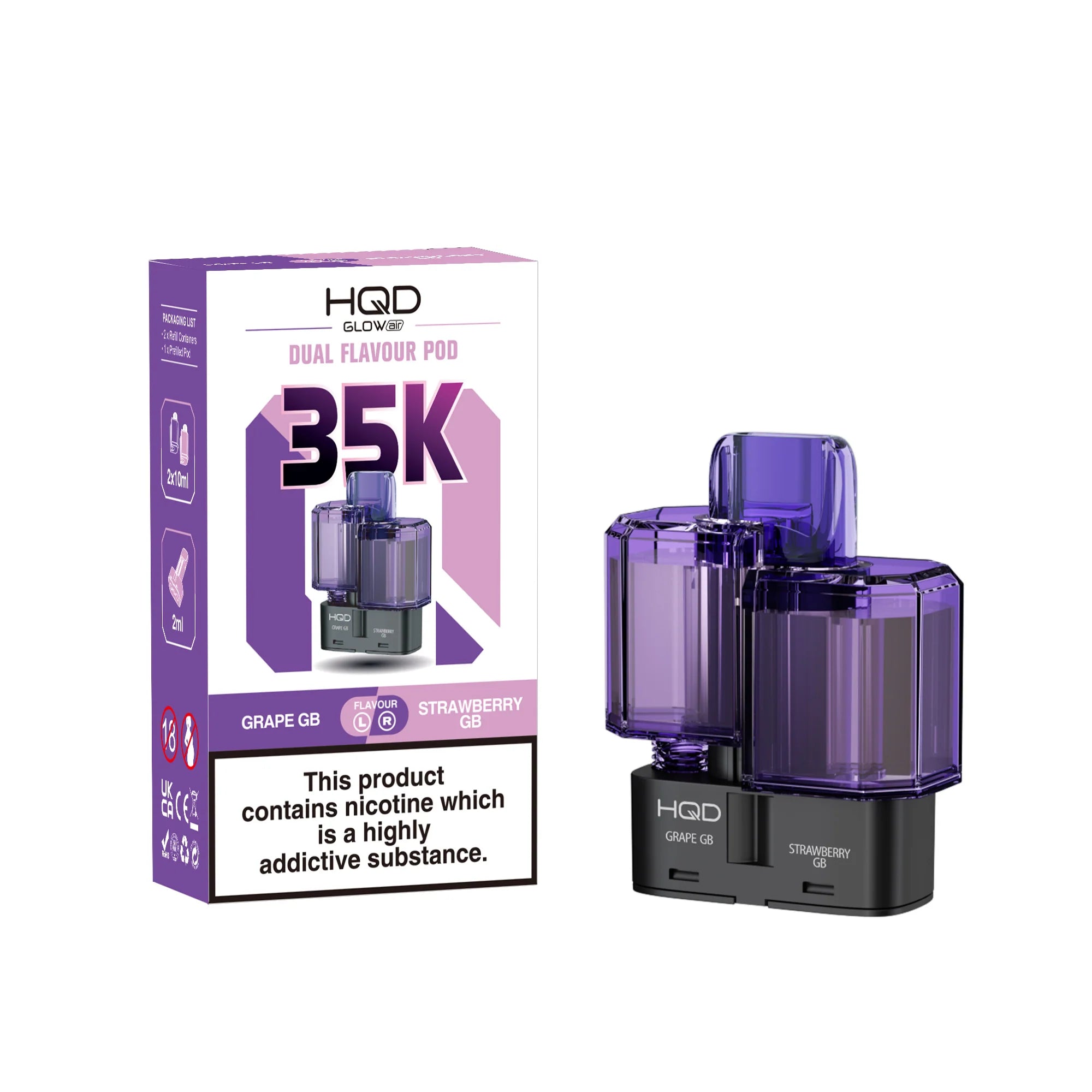 Purple HQD vape pods with packaging on a white background