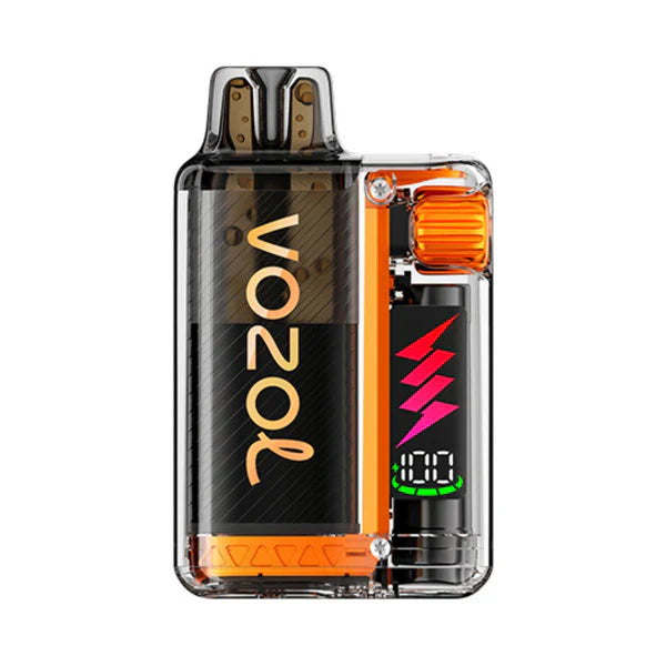 Vozol vape device with clear casing and orange accents on a white background