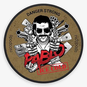 Circular sticker with a stylized graphic of a character holding guns and money, with text 'DANGER STRONG' and 'YABLO'.
