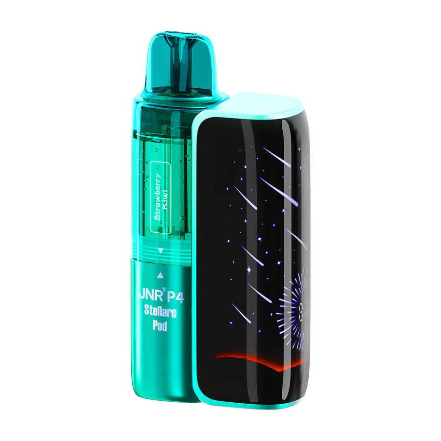 Teal vape device with black screen on a white background