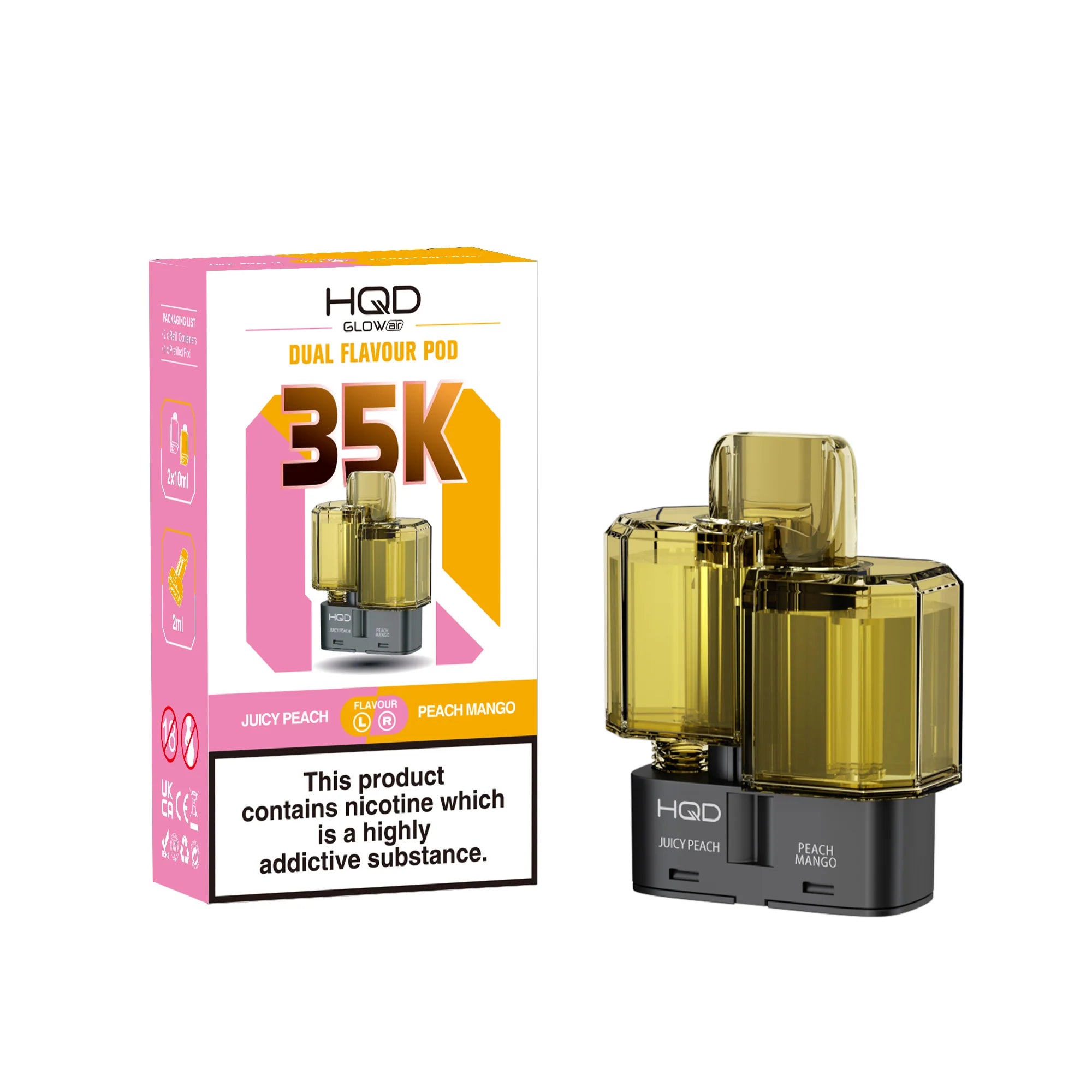 HQD vape pods with packaging on a white background