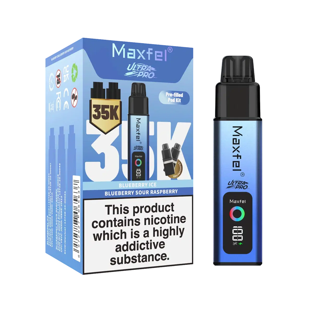 Maxfel vape device and packaging on a white background