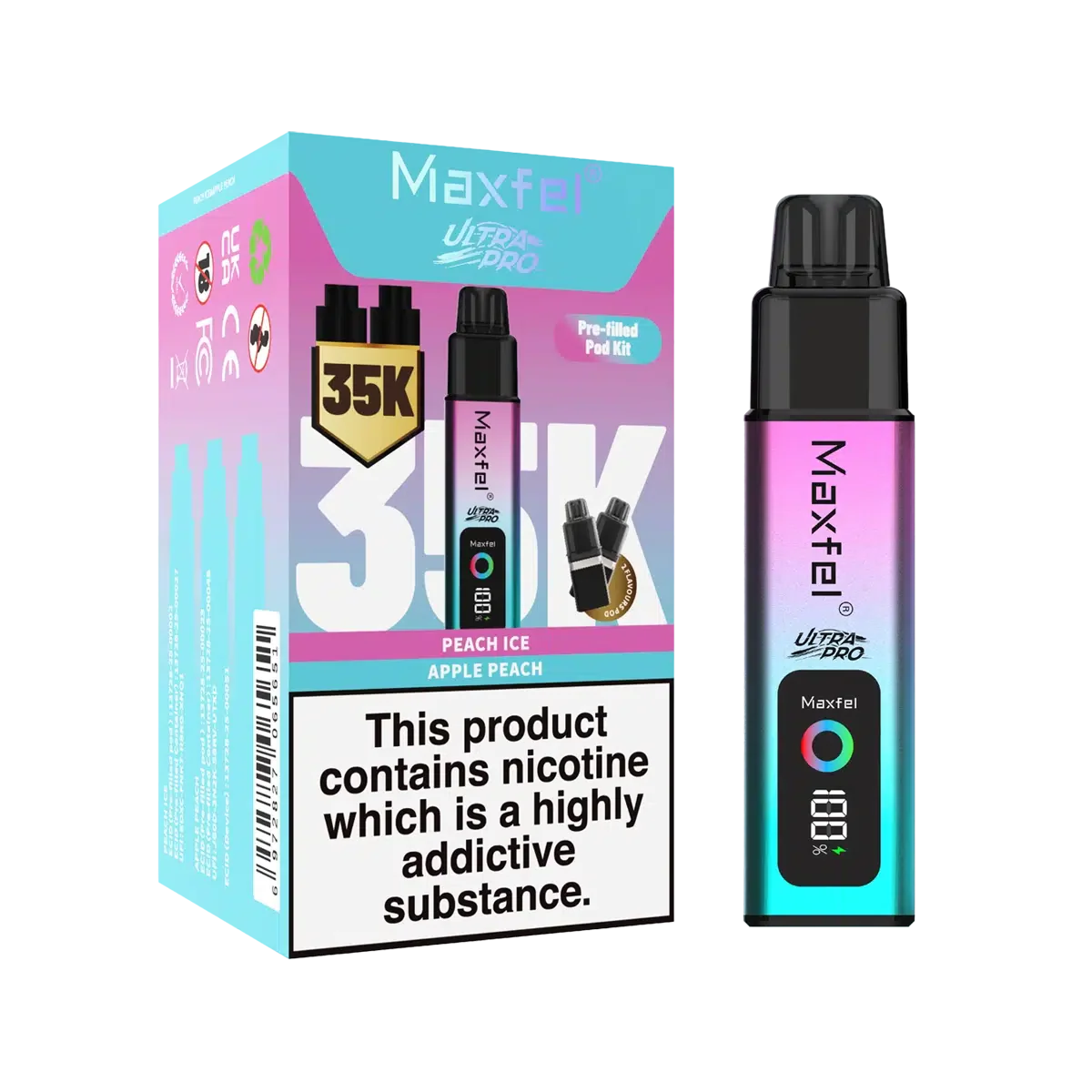 Maxfel vape device and packaging on a white background
