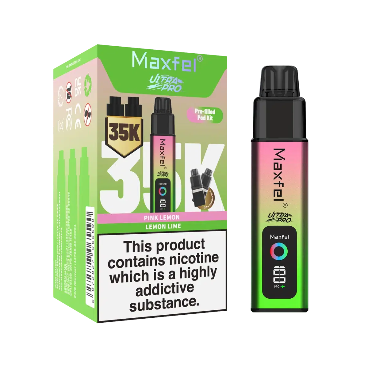 Maxfel vape device and packaging on a white background