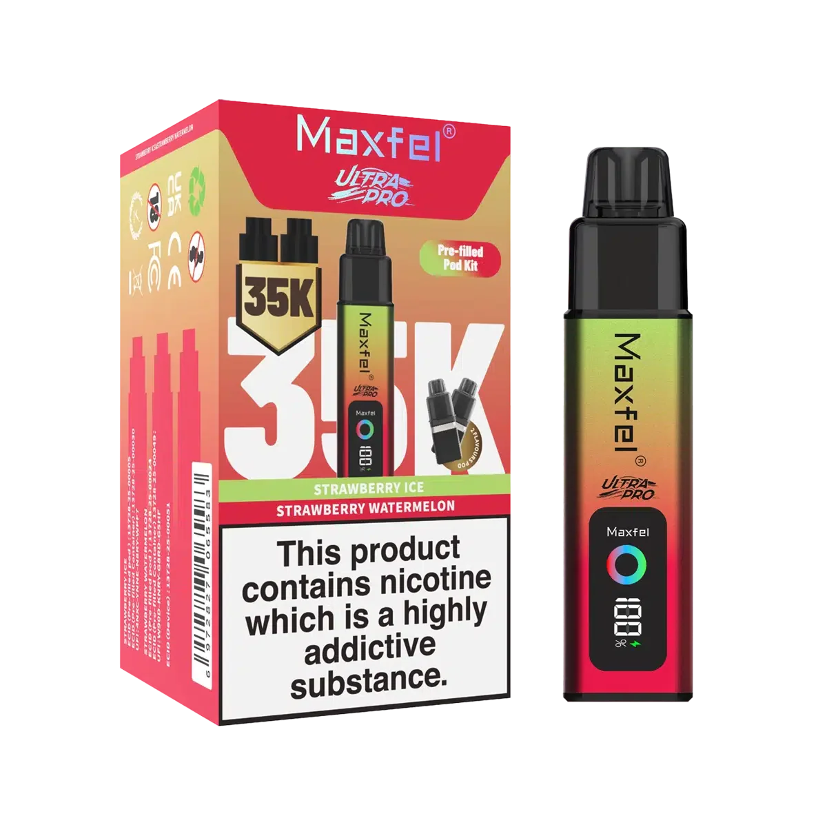Maxfel vape device and packaging on a white background