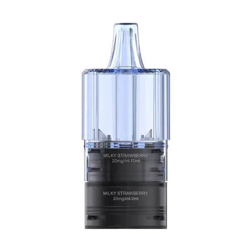 Clear and black vape device with 'Milky Strawberry' text on a white background