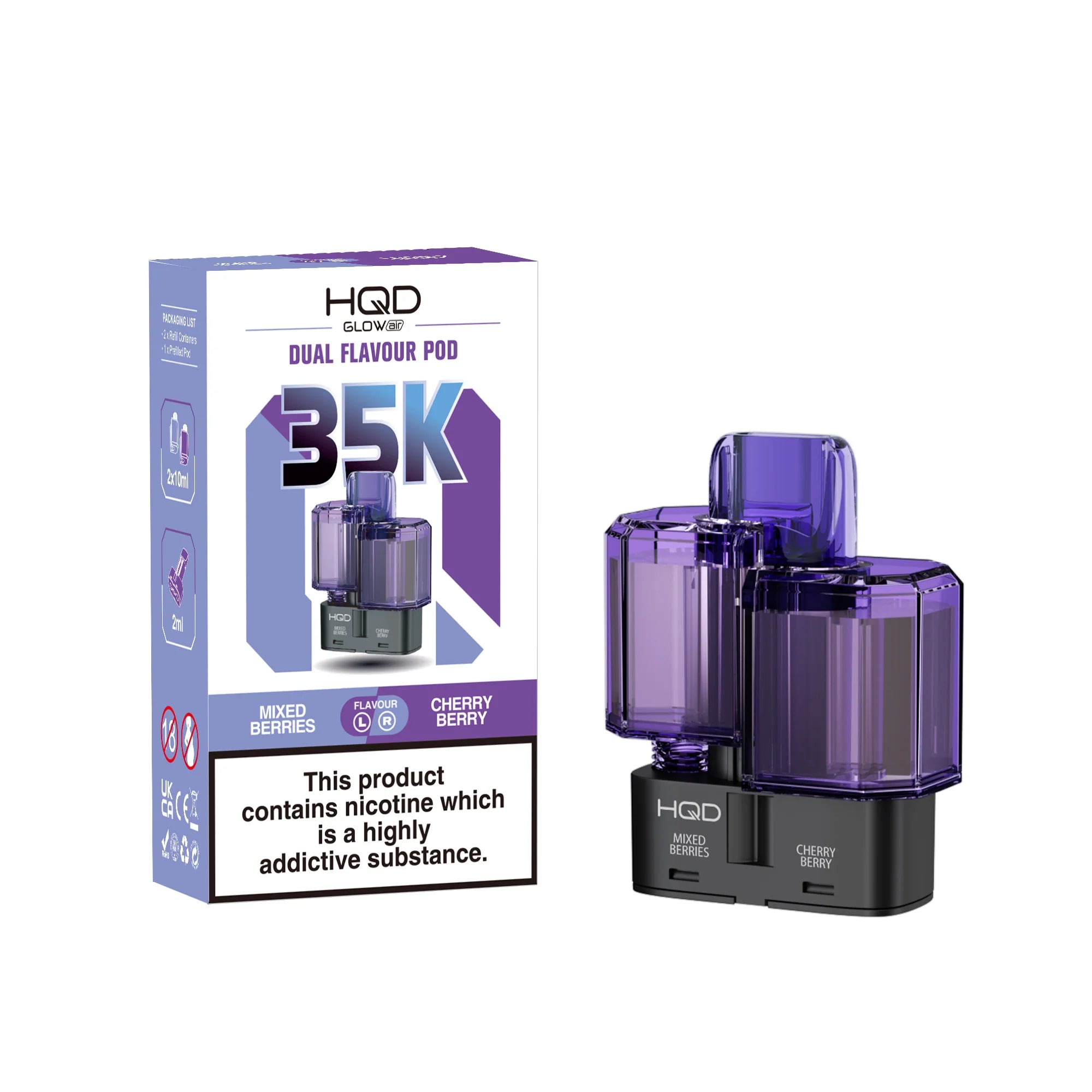 Purple HQD vape pods with packaging on a white background