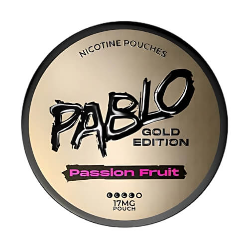 Pablo Gold Edition Passion Fruit in a round tin, featuring a tropical and tangy passion fruit flavour with 17mg nicotine strength in a tobacco-free pouch.