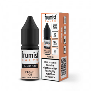 Frumist Peach Ice vape juice bottle and packaging on a white background