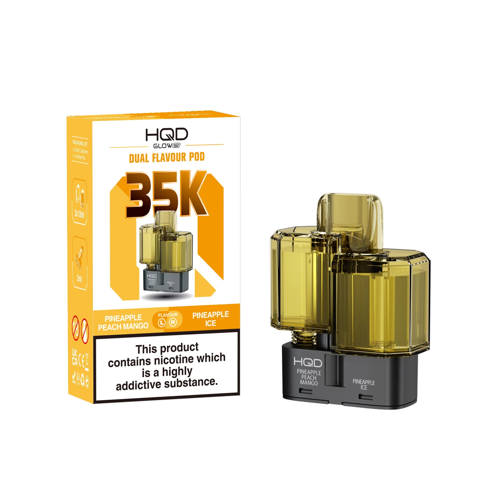 HQD vape pod packaging with nicotine warning on a white background