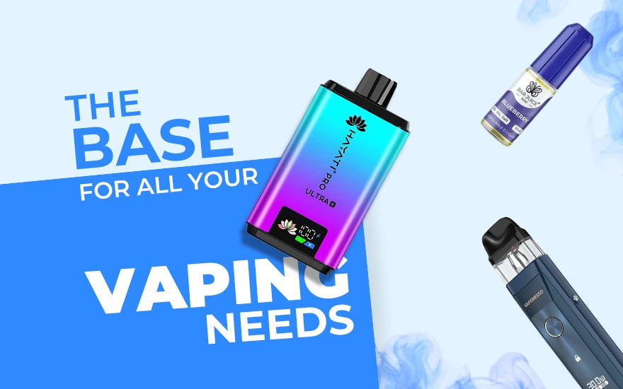 Vape devices and e-liquid on blue background