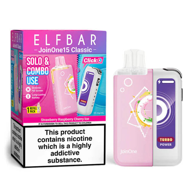 Elf Bar vape device and packaging with nicotine warning label on a white background
