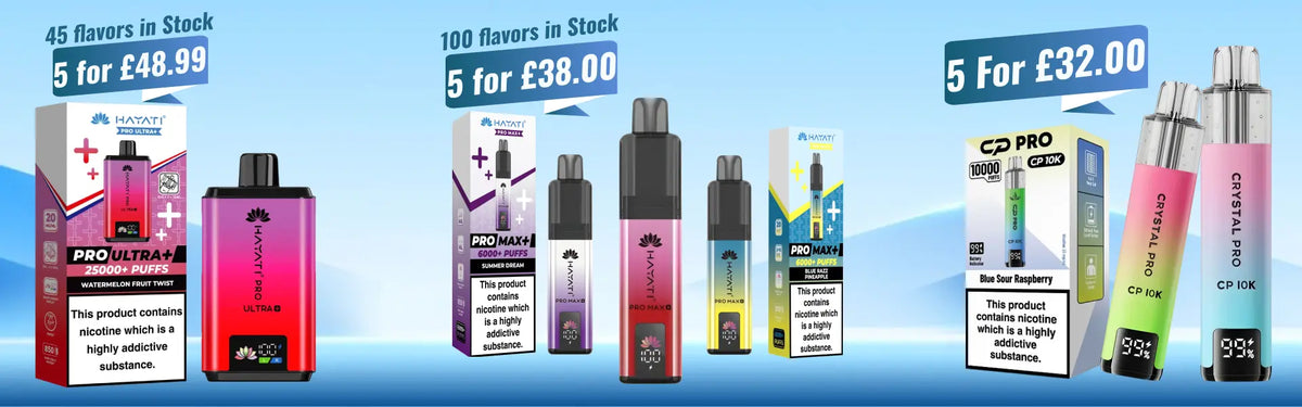 Banner showing disposable vape devices with text 'Big Puffs. Big Power.' and 'Built for long-lasting sessions' plus a red Shop Now button on clean background on