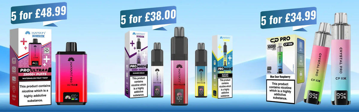 Banner showing disposable vape devices with text 'Big Puffs. Big Power.' and 'Built for long-lasting sessions' plus a red Shop Now button on clean background on