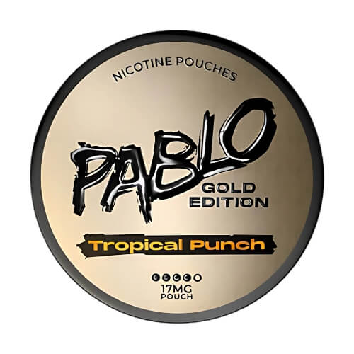 Pablo Gold Edition Tropical Punch in a round can, delivering a fruity blend of tropical flavours with 17mg nicotine strength in a smooth, tobacco-free pouch.