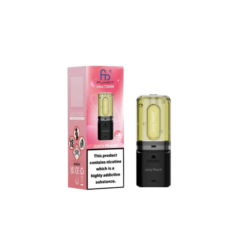 Vape device and packaging with nicotine warning label on a white background